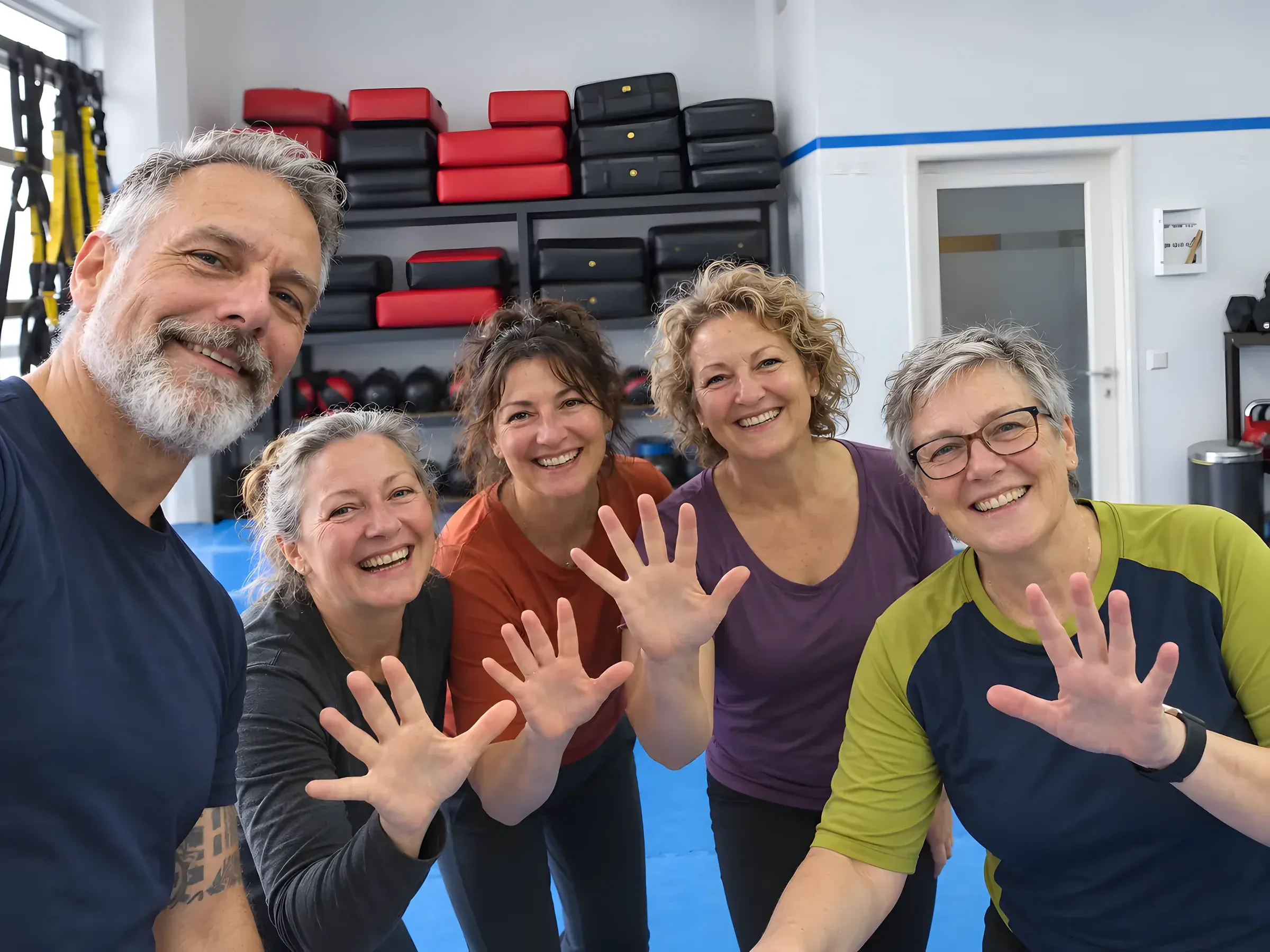 Fünf Personen einer Trainingsgruppe lachen und winken in die Kamera