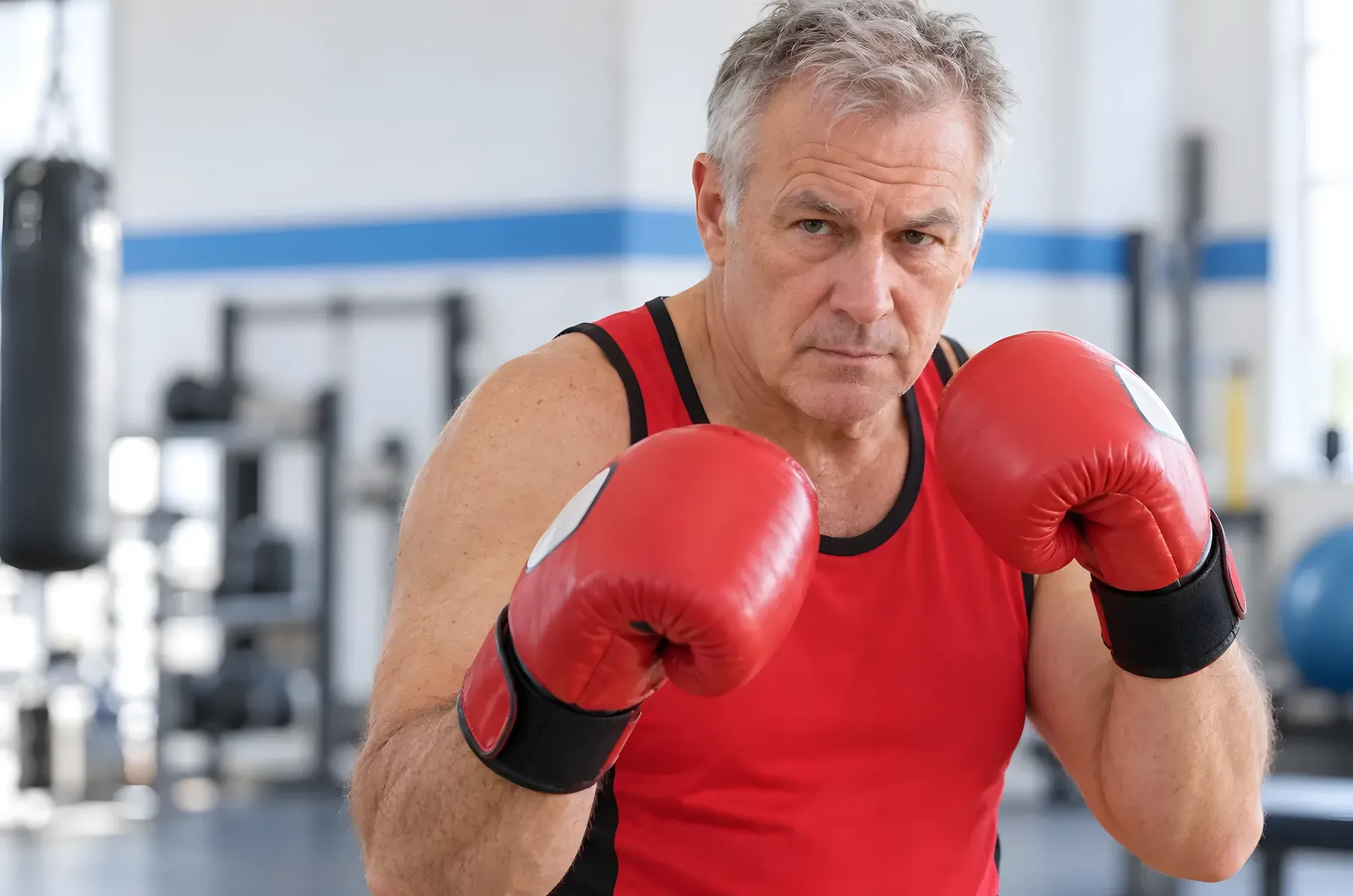 Ein Mann mit roten Boxhandschuhen in Grundstellung