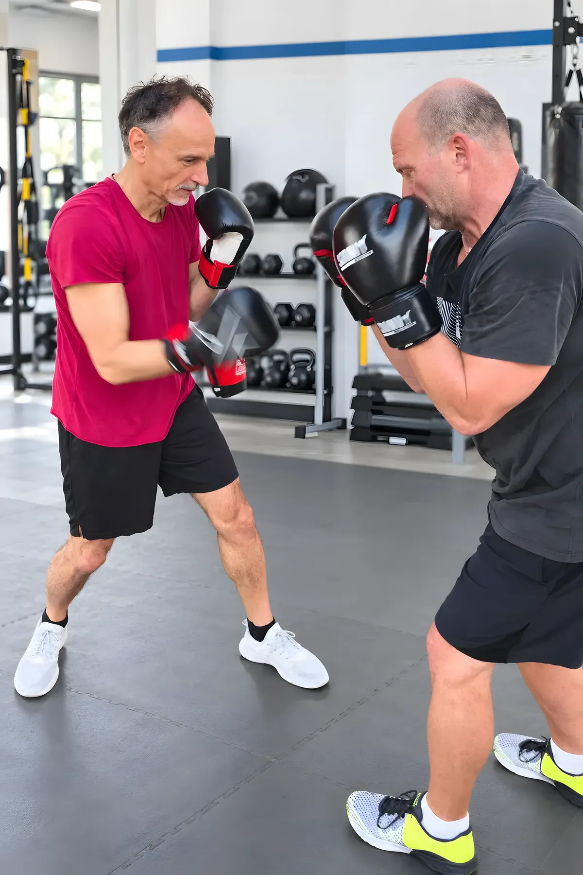 Zwei Männer mit Boxhandschuhen bei einer Partnerübung