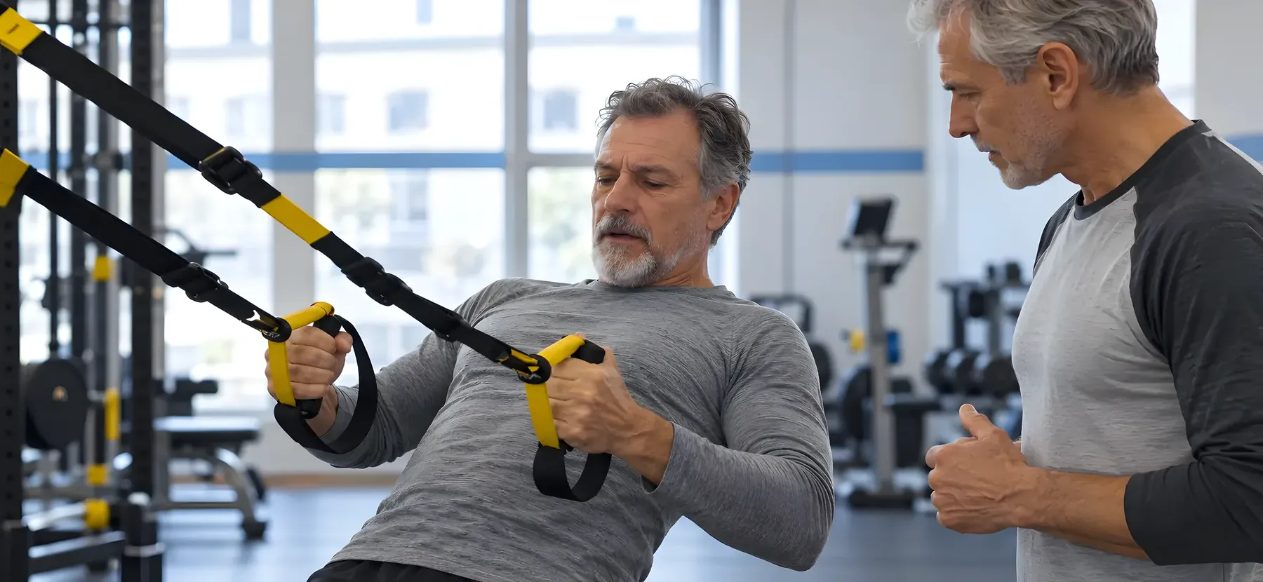 Ein Mann trainiert am Schlingentrainer, ein Coach steht neben ihm