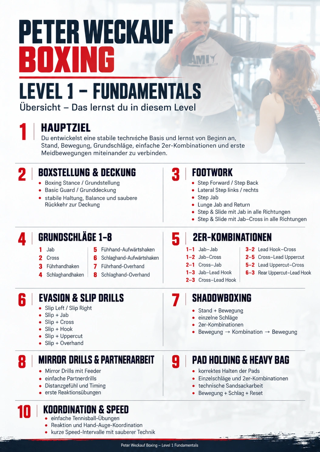 Übersicht Boxtraining Level 1 mit Schlagtechniken, Kombinationen, Schrittarbeit und Schattenboxen