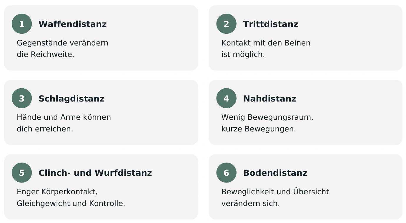 Sechs Distanzbereiche: Waffen-, Tritt-, Schlag-, Nah-, Clinch- und Wurfdistanz sowie Bodendistanz