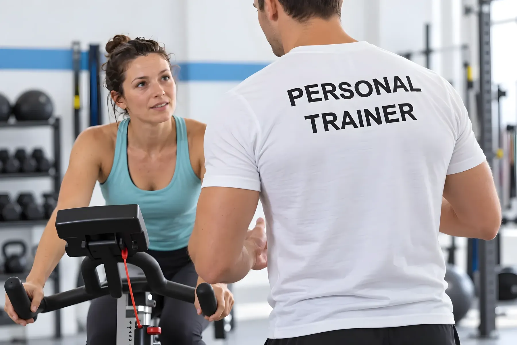 Eine Frau trainiert auf einem Ergometer, neben ihr steht ein Trainer