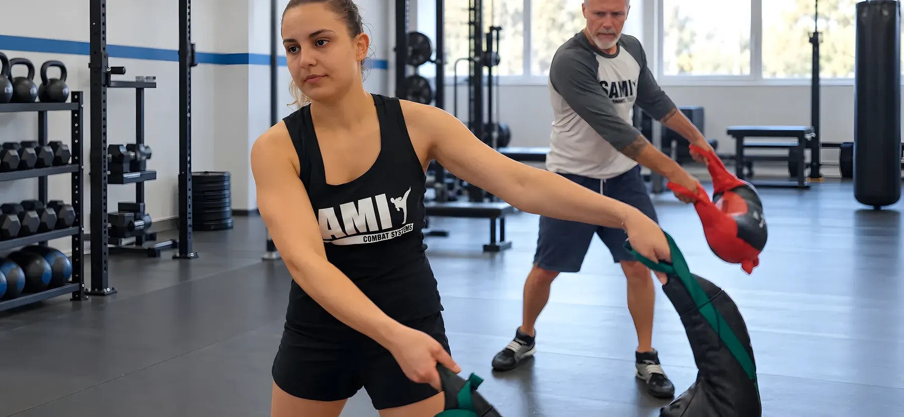 Eine Frau schwingt einen Trainingssack, im Hintergrund hält ein Coach ein Schlagpolster