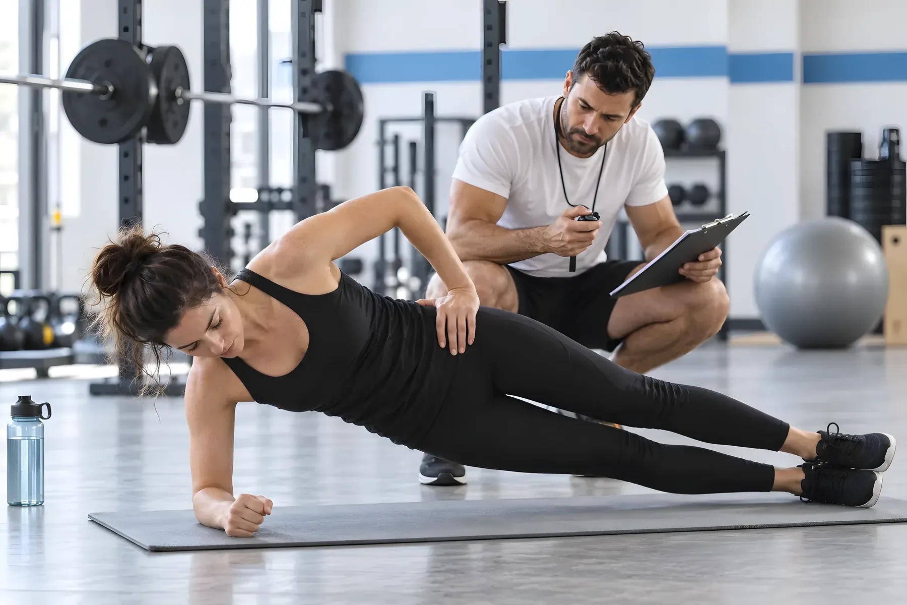 Eine Frau hält einen Seitstütz auf der Matte, ein Trainer beobachtet die Ausführung
